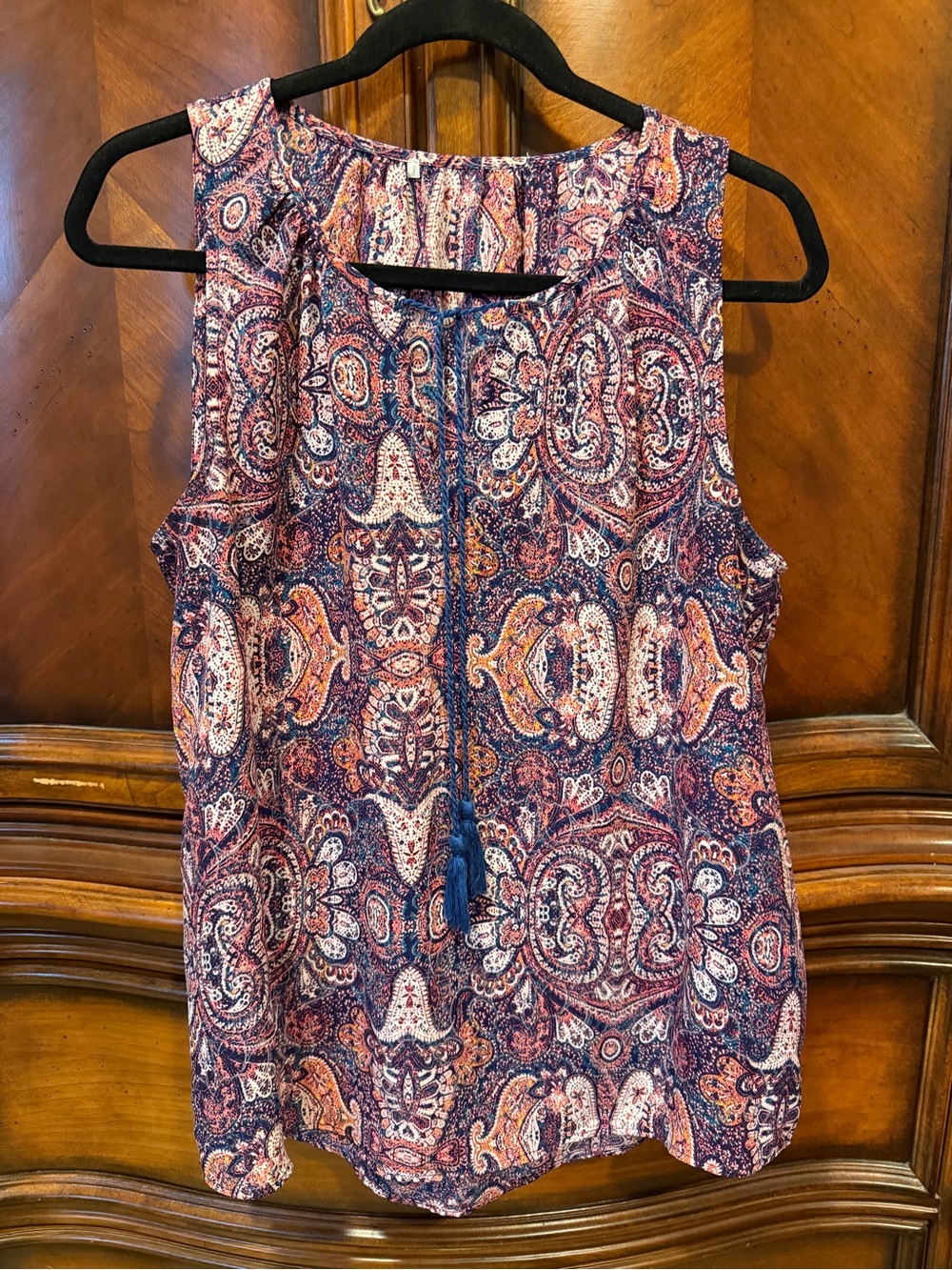 Bohemian Sleeveless Paisley Print Tank Top - Navy & Coral size M/L